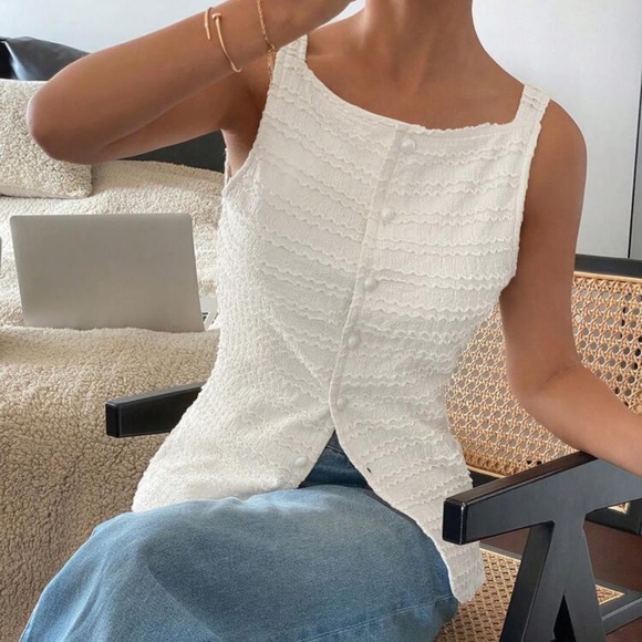 Women Square Collar Open Placket Buttons Sleeveless Textured Horizontal Stripes - Picture 3 of 4